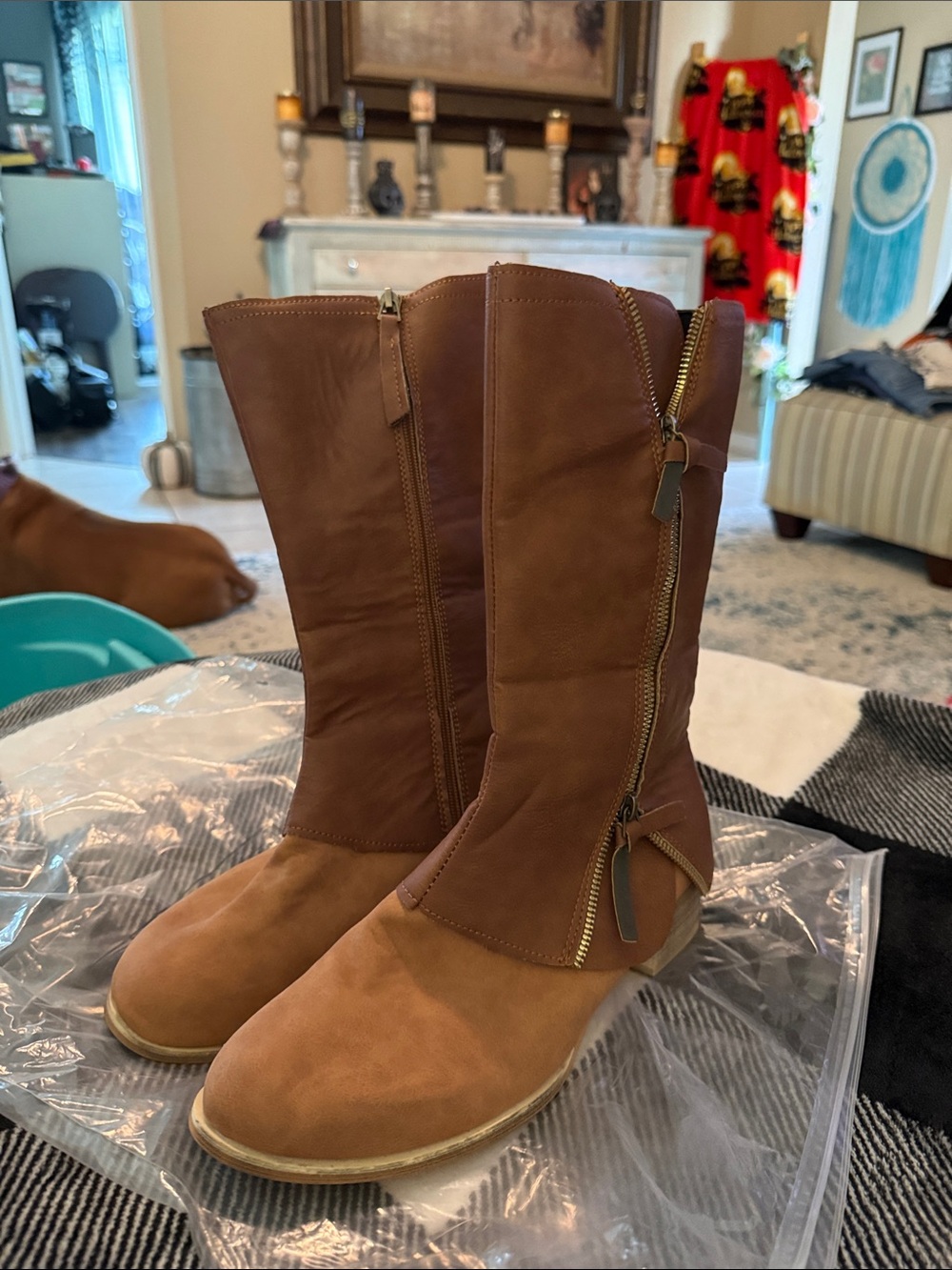 Women's Distressed Zip Rustic Brown Riding Boots - Picture 15 of 16